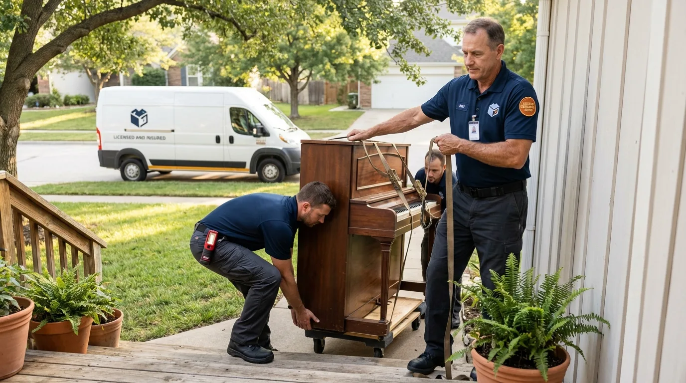 Licensed piano movers securing grand piano in Ithaca, NY