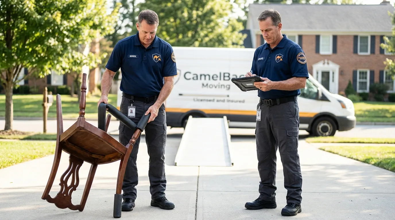 Movers inspecting furniture for damage prevention before loading in Ithaca, NY