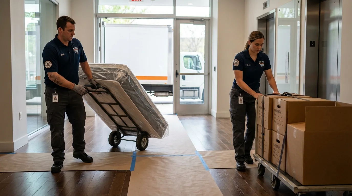 Professional apartment movers loading elevator in Ithaca, NY