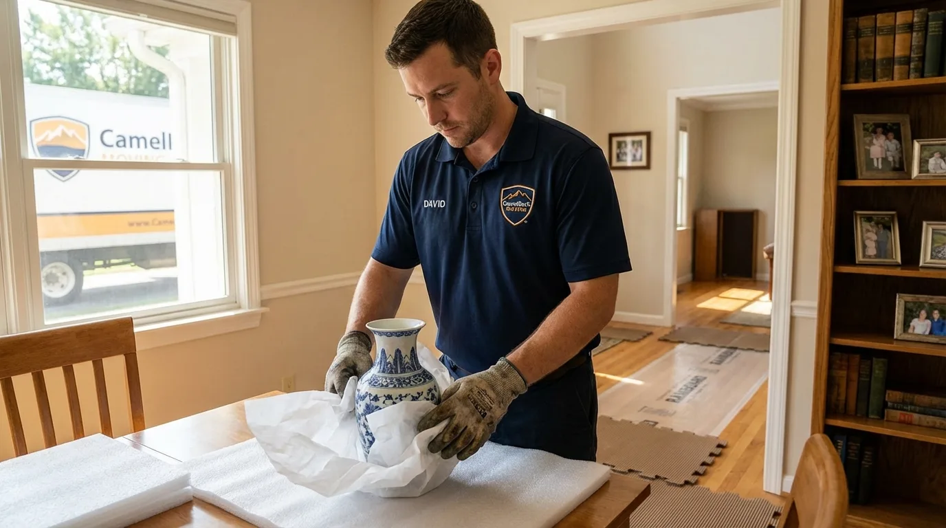 Professional crew carefully wrapping antique vase for senior downsizing move in Ithaca, NY